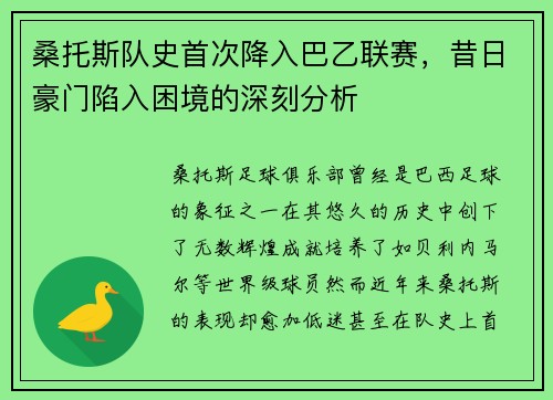 桑托斯队史首次降入巴乙联赛,昔日豪门陷入困境的深刻分析 桑托斯队史首次降入巴乙联赛,昔日豪门陷入困境的深刻分析