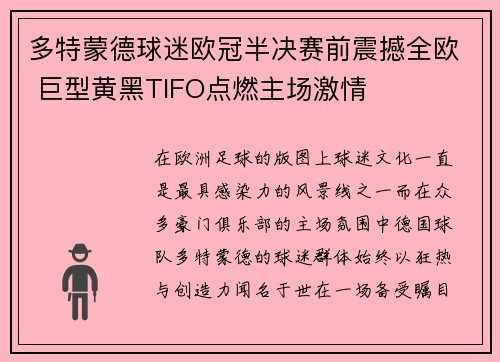 多特蒙德球迷欧冠半决赛前震撼全欧 巨型黄黑TIFO点燃主场激情