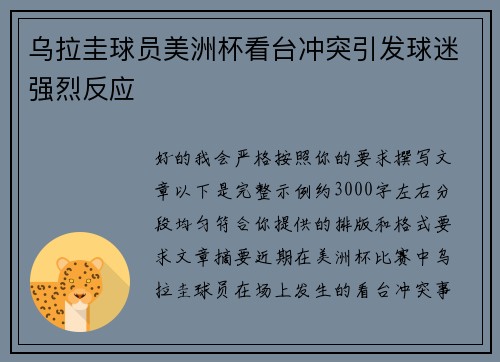乌拉圭球员美洲杯看台冲突引发球迷强烈反应